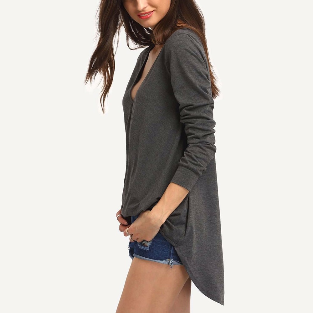 Surplice Faux Wrap High Low French Tuck Top Grey - Picture 2 of 8